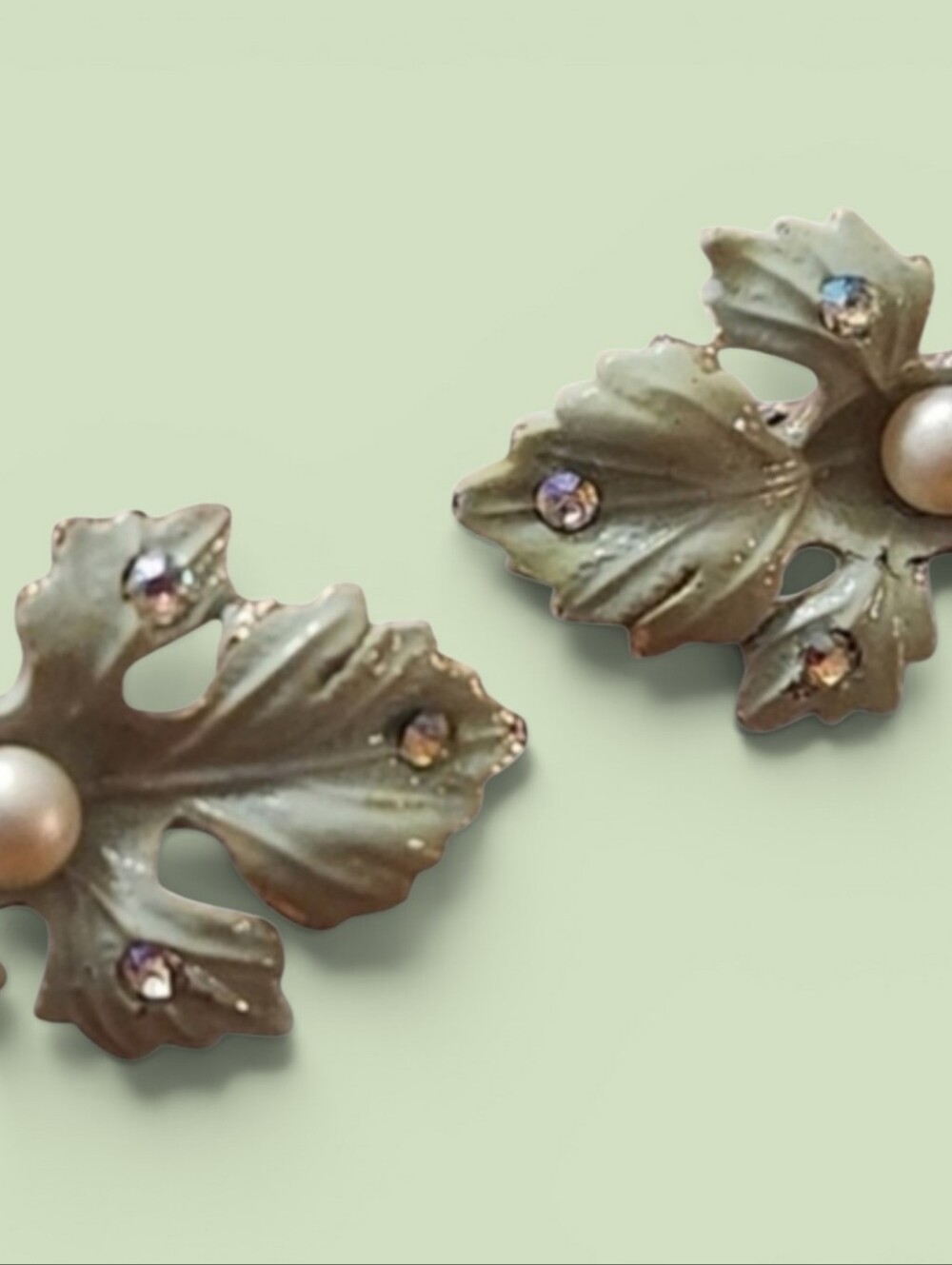 Vintage Coro Celadon Floral Pearl Rhinestone Screw Back Earrings